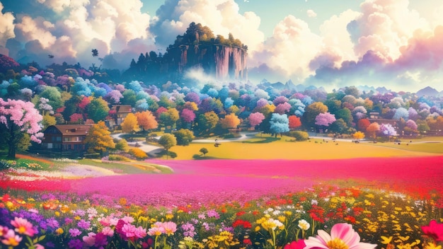 A colorful landscape with a mountain in the background