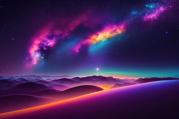 A colorful landscape with a mountain and a galaxy in the background