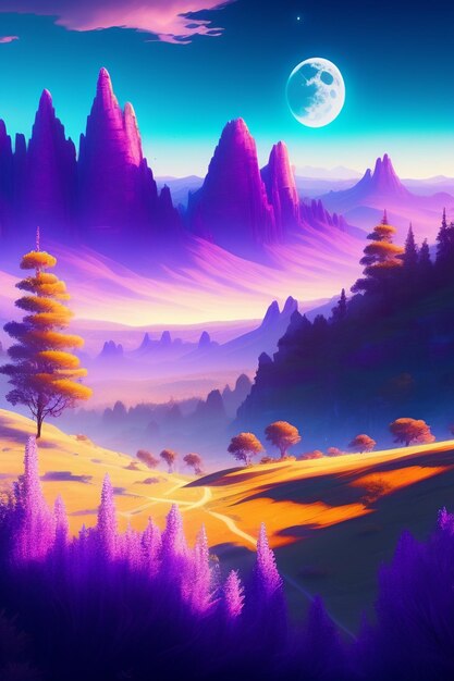 A colorful landscape with a mountain and a moon in the background