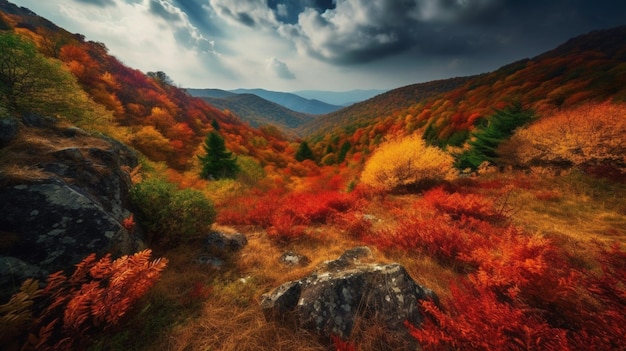 A colorful landscape with mountains in the background