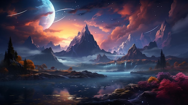 A colorful landscape with mountains and a galaxy in the background Generative AI