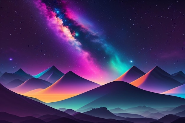 A colorful landscape with mountains and a galaxy in the background.