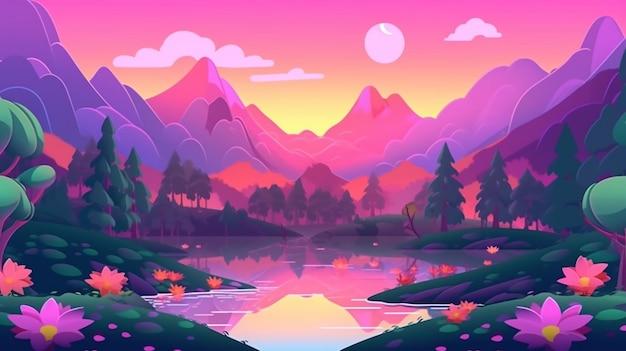 A colorful landscape with mountains and a lake with a lake and a sunset.