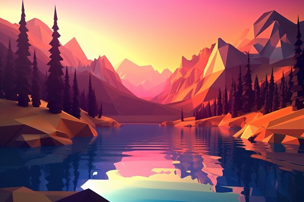 A colorful landscape with mountains and a lake.