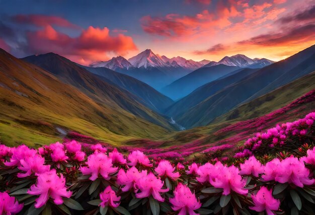 Photo a colorful landscape with mountains and a mountain in the background