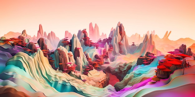 A colorful landscape with mountains and a mountain in the background.