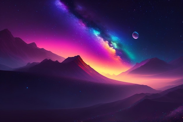 A colorful landscape with mountains and a planet in the background.