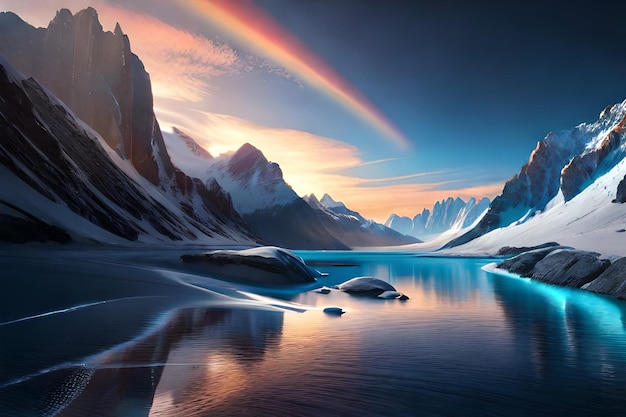 A colorful landscape with mountains and a rainbow