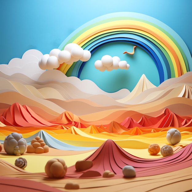 a colorful landscape with mountains and rainbow