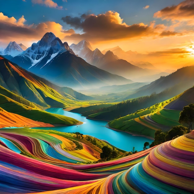 a colorful landscape with mountains and a river in the background