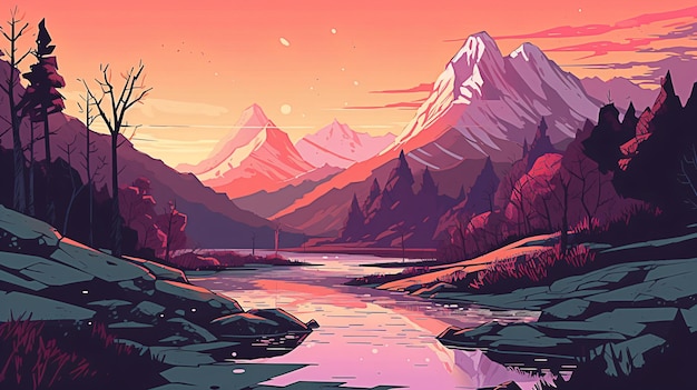 A colorful landscape with mountains and a river.