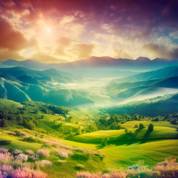 A colorful landscape with mountains and a sunset in the background.