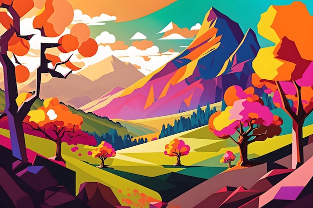 A colorful landscape with mountains and trees in the background.