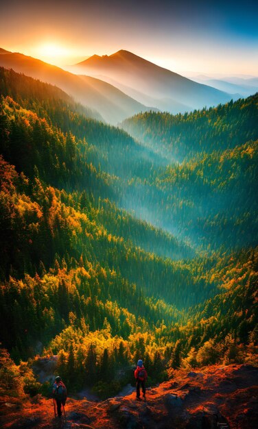 山や木々を背景にしたカラフルな風景。