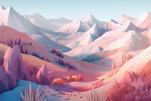 A colorful landscape with mountains and trees in pink and blue.