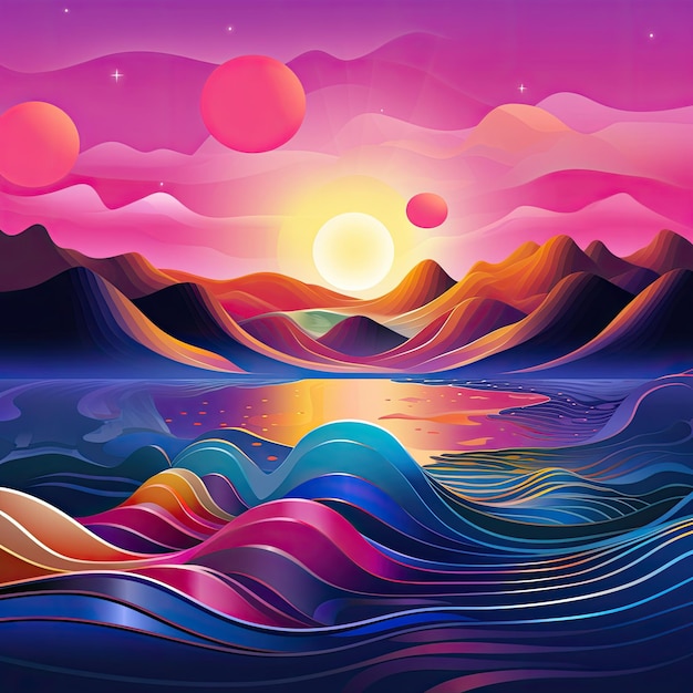 a colorful landscape with mountains and water