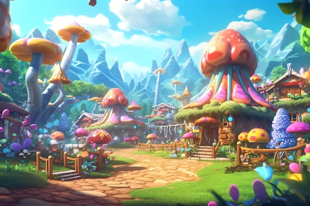 Foto un paesaggio colorato con un giardino di funghi e una casa dei funghi.