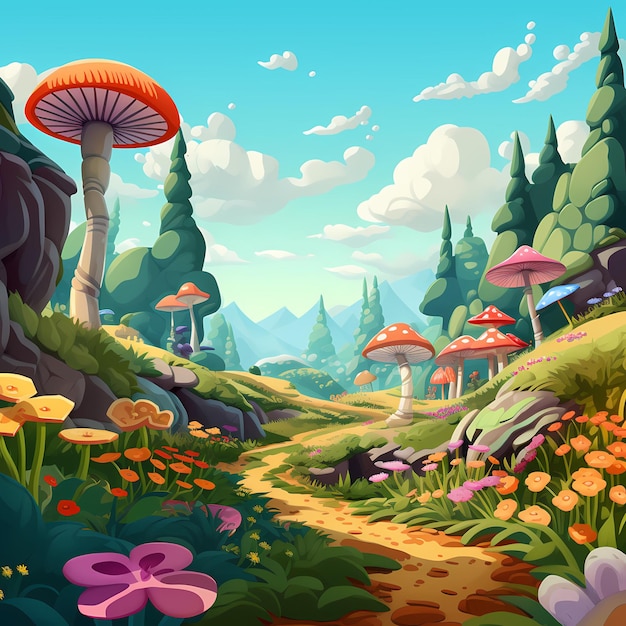 A colorful landscape with mushrooms and mushrooms and a forest landscape.