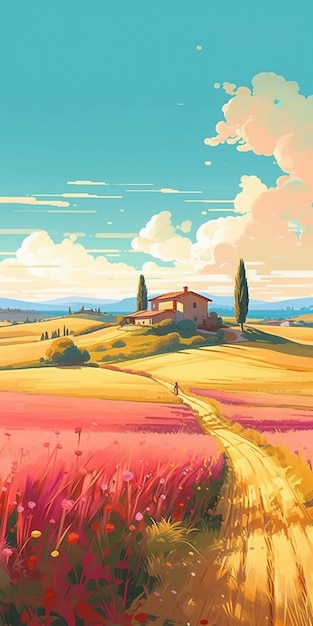 A colorful landscape with a path leading to a tuscan house.