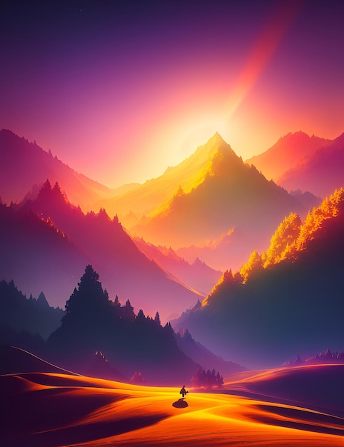 A colorful landscape with a person walking in the middle of the mountains.