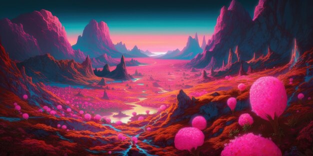 A colorful landscape with pink spheres in the foreground and a river in the background.