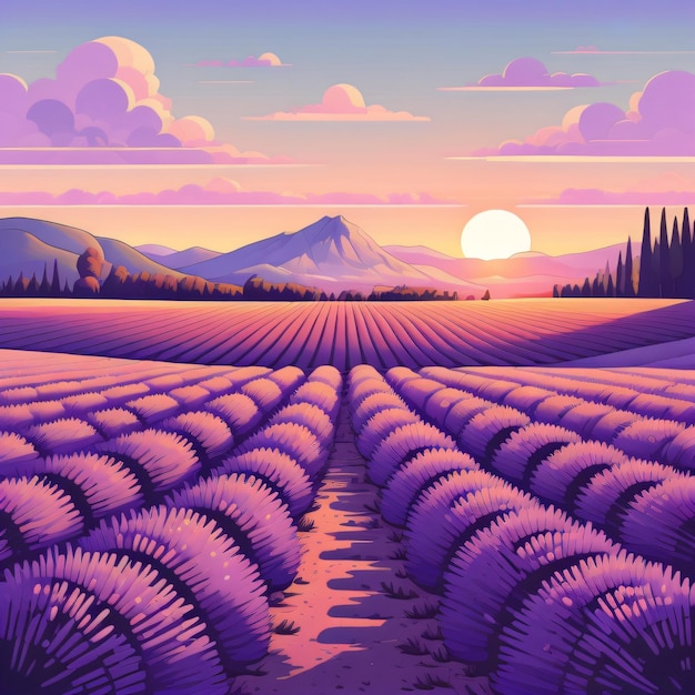 A colorful landscape with a purple and purple sunset and a field with a mountain in the background