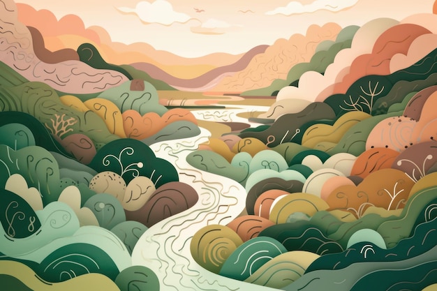 A colorful landscape with a river flowing through it.