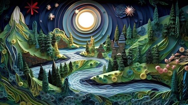 A colorful landscape with a river and a forest with stars on the top.