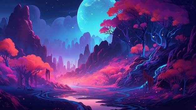 A colorful landscape with a river and a tree with a moon in the background.