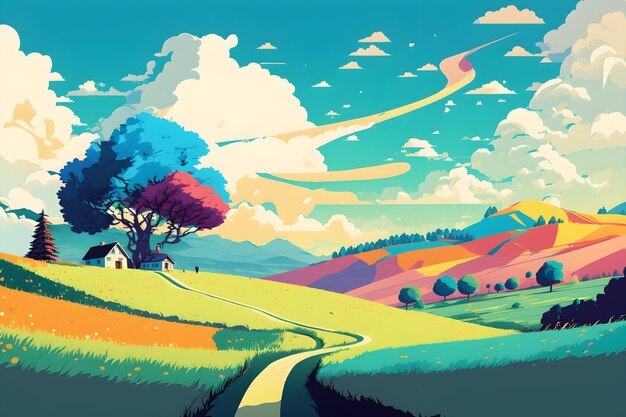 A colorful landscape with a road leading to a house.