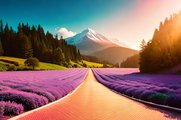 A colorful landscape with a road leading to a mountain and a purple field with a purple flower