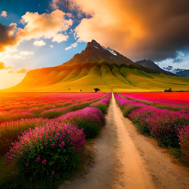 A colorful landscape with a road leading to a mountain and a sunset.