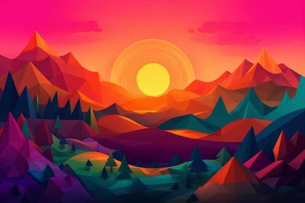 A colorful landscape with a sunset and mountains.