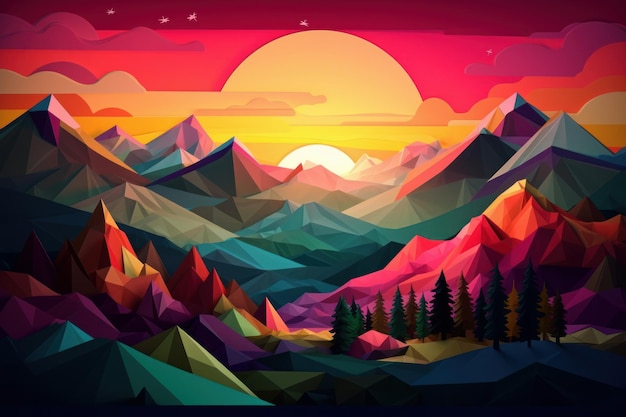 Colorful landscape with a sunset and mountains