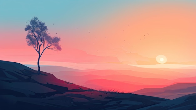 A colorful landscape with a tree on the horizon