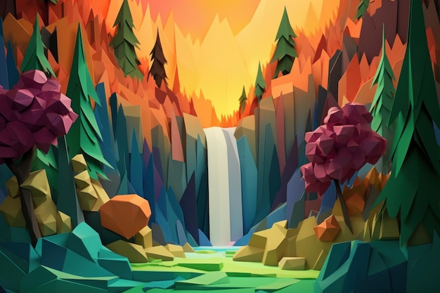 A colorful landscape with a waterfall and trees in the background.