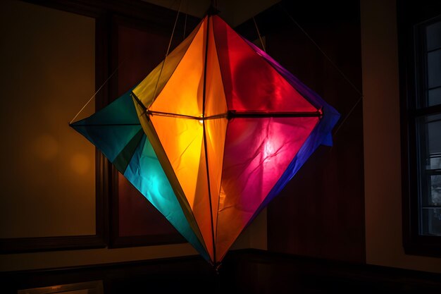 A colorful lantern hangs in a dark room.