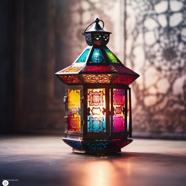 A colorful lantern is lit up in front of a blurred background.