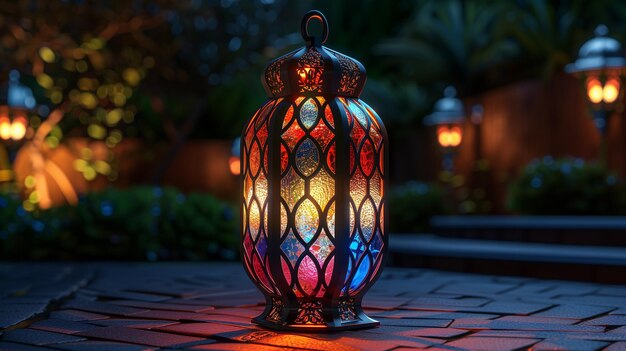 Photo colorful lantern placed in the middle outdoor of the house in night time ramazan kareem celebration