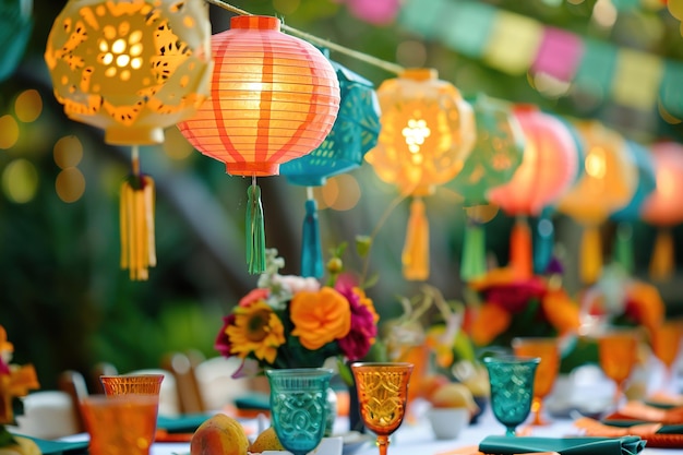 Colorful lanterns hang above a festive table setting glowing warmly in a celebration