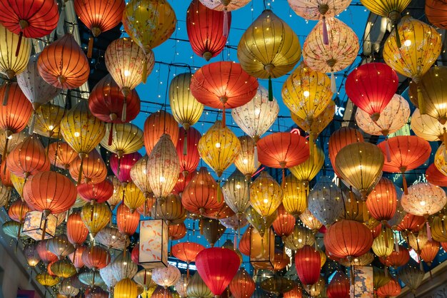 Colorful lanterns hang on the wall