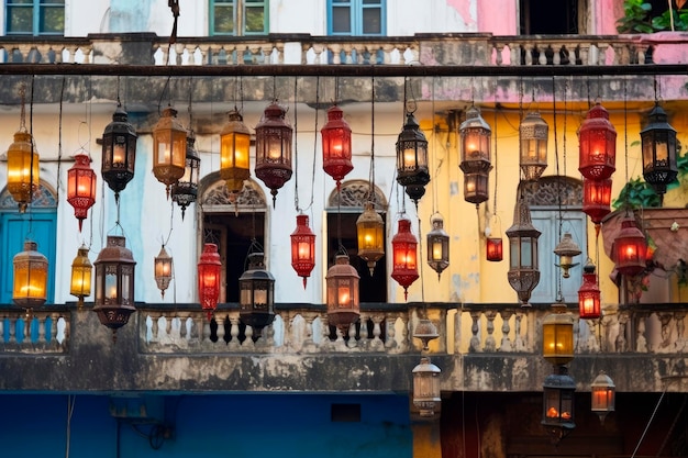 Colorful lanterns hanging en the street at celebrate indian the end of the year