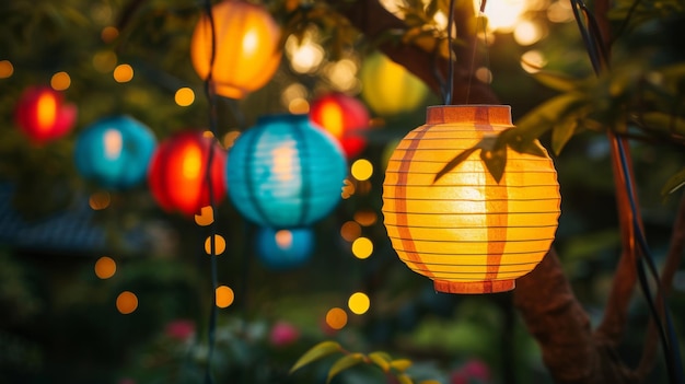 Красочные фонари, висящие на ветвях деревьев, освещают праздничную садовую вечеринку