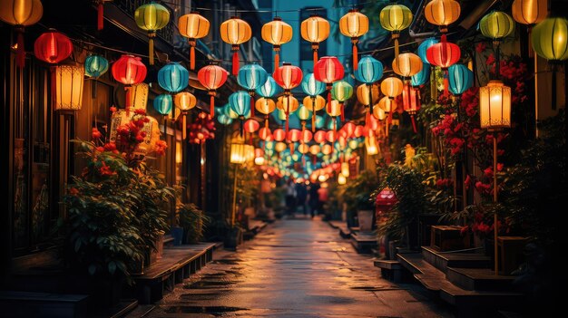 Colorful Lanterns Illuminating a Traditional Festive Street A Vibrant Display of Culture