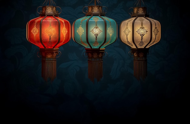 Photo colorful lanterns in the night of chinese new year or mid autumn day festival ai generated