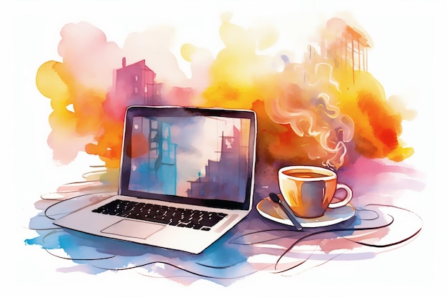 Colorful laptop and coffee cup on abstract watercolor background