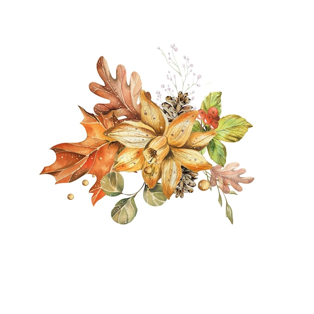 colorful leaf composition made of autumn leaves plants flower watercolor botanical frame isolated