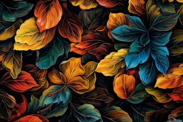 A colorful leaf pattern on a black background.