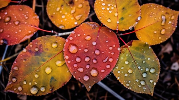 写真 色とりどりの葉のパターンと水滴の背景