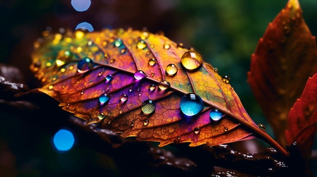 a colorful leaf with water drops on it